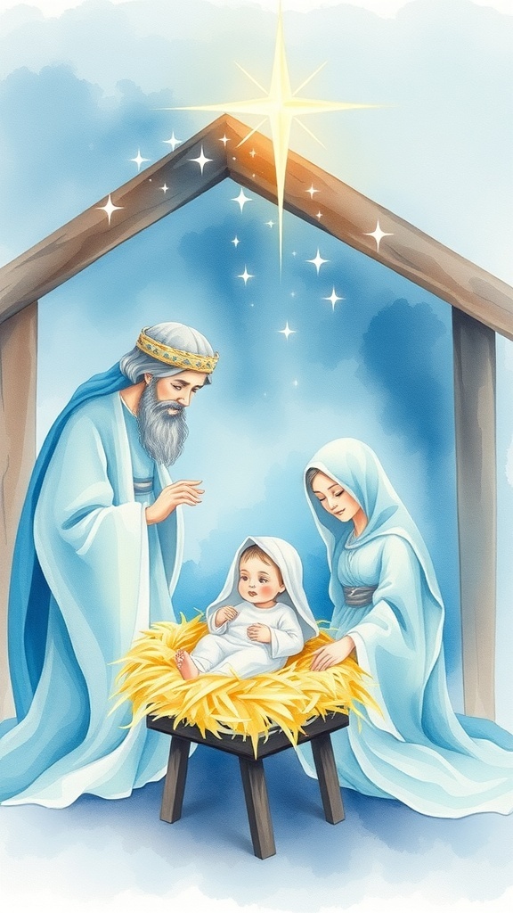 Christmas Watercolor Paintings of Jesus Watercolor painting of the Nativity scene with baby Jesus, Mary, and Joseph under a starry sky.